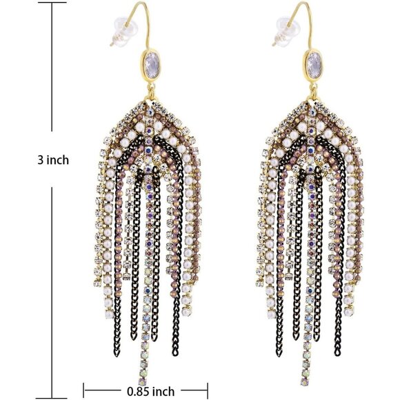 Boho Fringe Tassel Earrings for Women, Beaded CZ Pearl Dangle Wedding Jewelry - Picture 3 of 6
